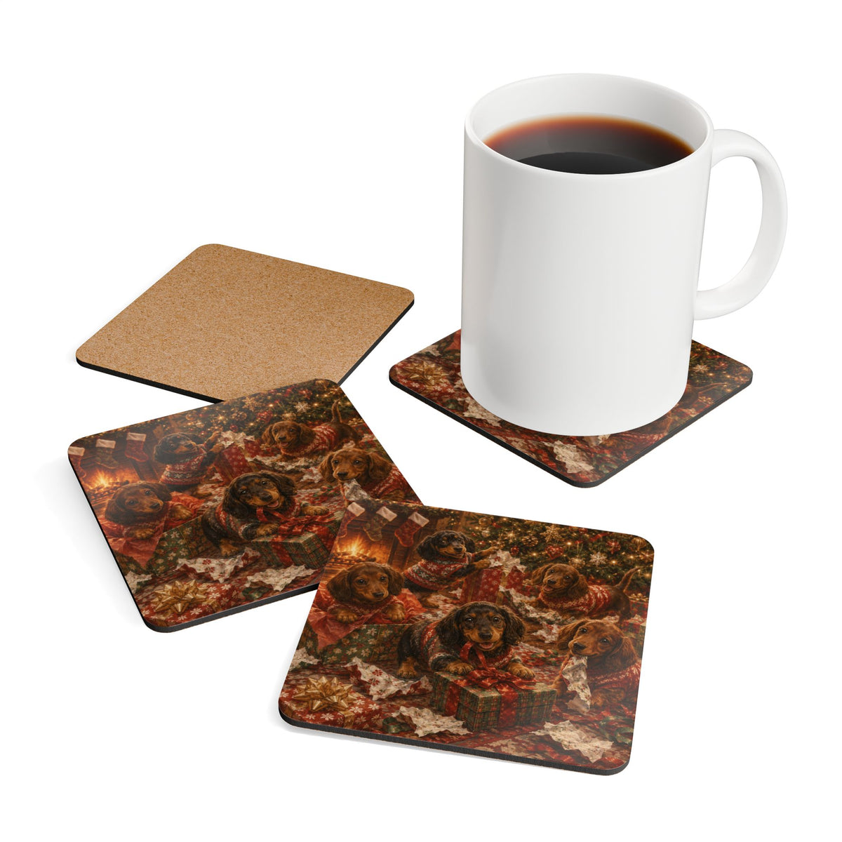 Opening Christmas Presents Corkwood Coaster Set