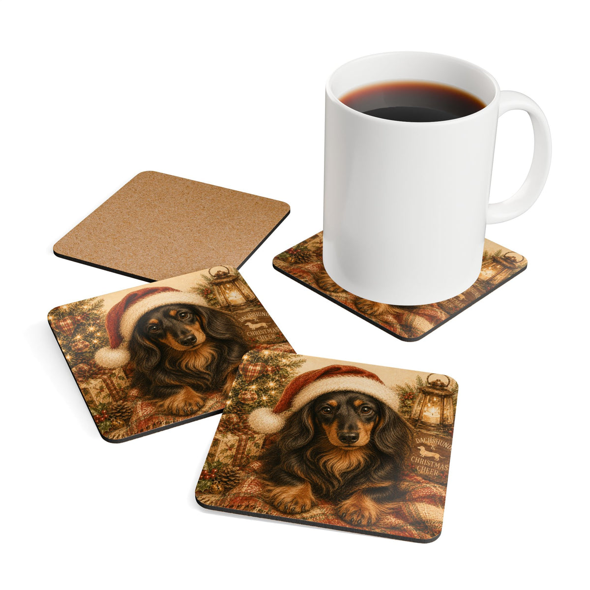 Long Hair Dachshund With Santa Hat Corkwood Coaster Set
