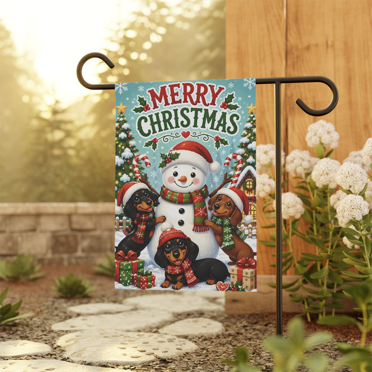 Merry Christmas Dachshunds & Snowman Garden Flag