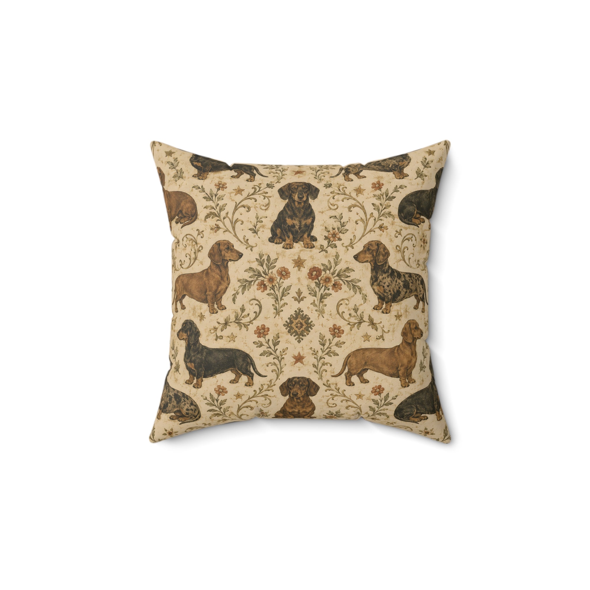 Heritage Floral Dachshunds Spun Polyester Square Decorative Pillow
