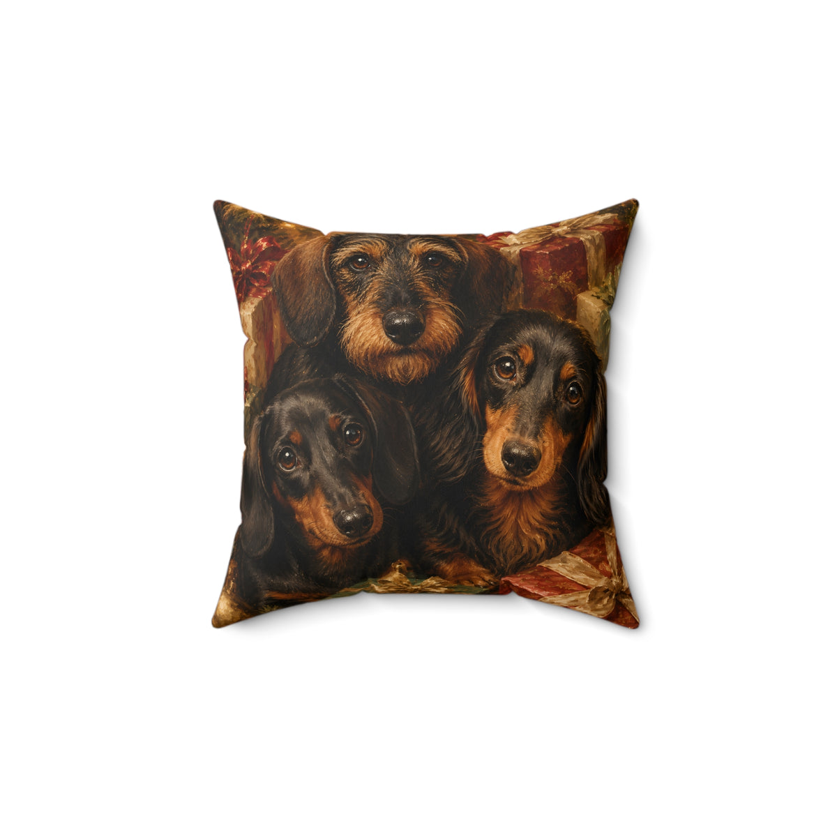 Festive Dachshund Trio Christmas Presents Spun Polyester Square Decorative Pillow