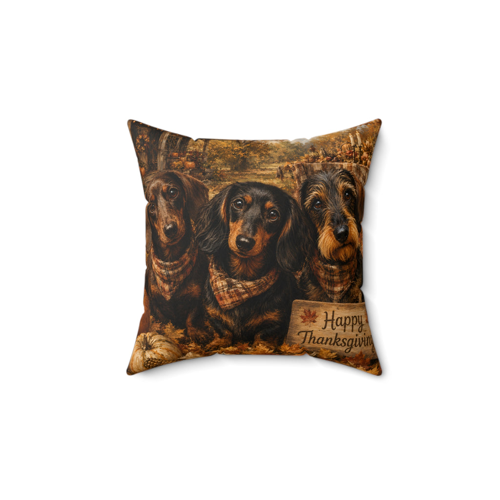 Happy Thanksgiving Dachshund Trio Spun Polyester Square Decorative Pillow