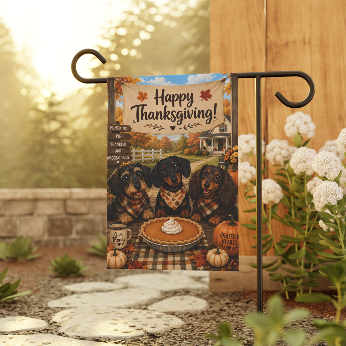 Happy Thanksgiving With Dachshunds & Pumpkin Pie Garden Flag