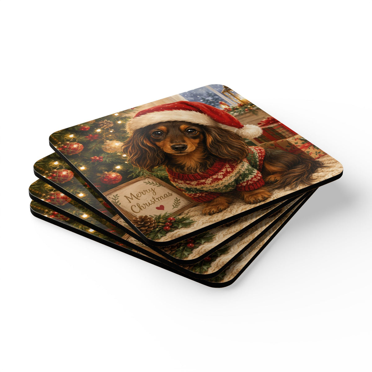 Merry Christmas Long Hair Dachshund Corkwood Coaster Set