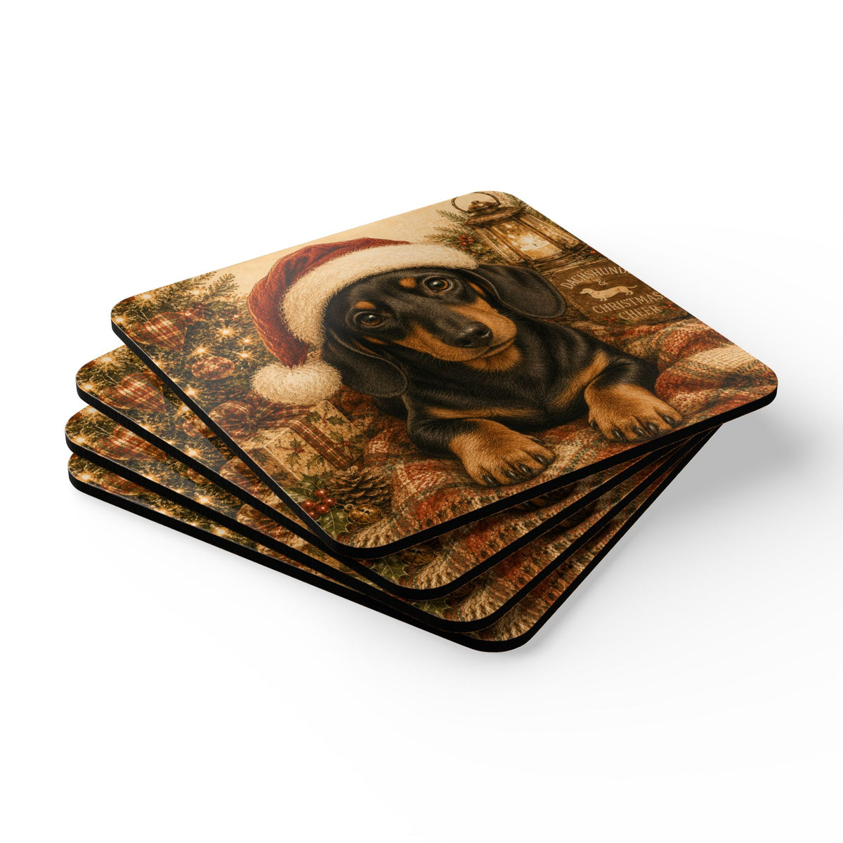 Short Hair Dachshund With Santa Hat Corkwood Coaster Set
