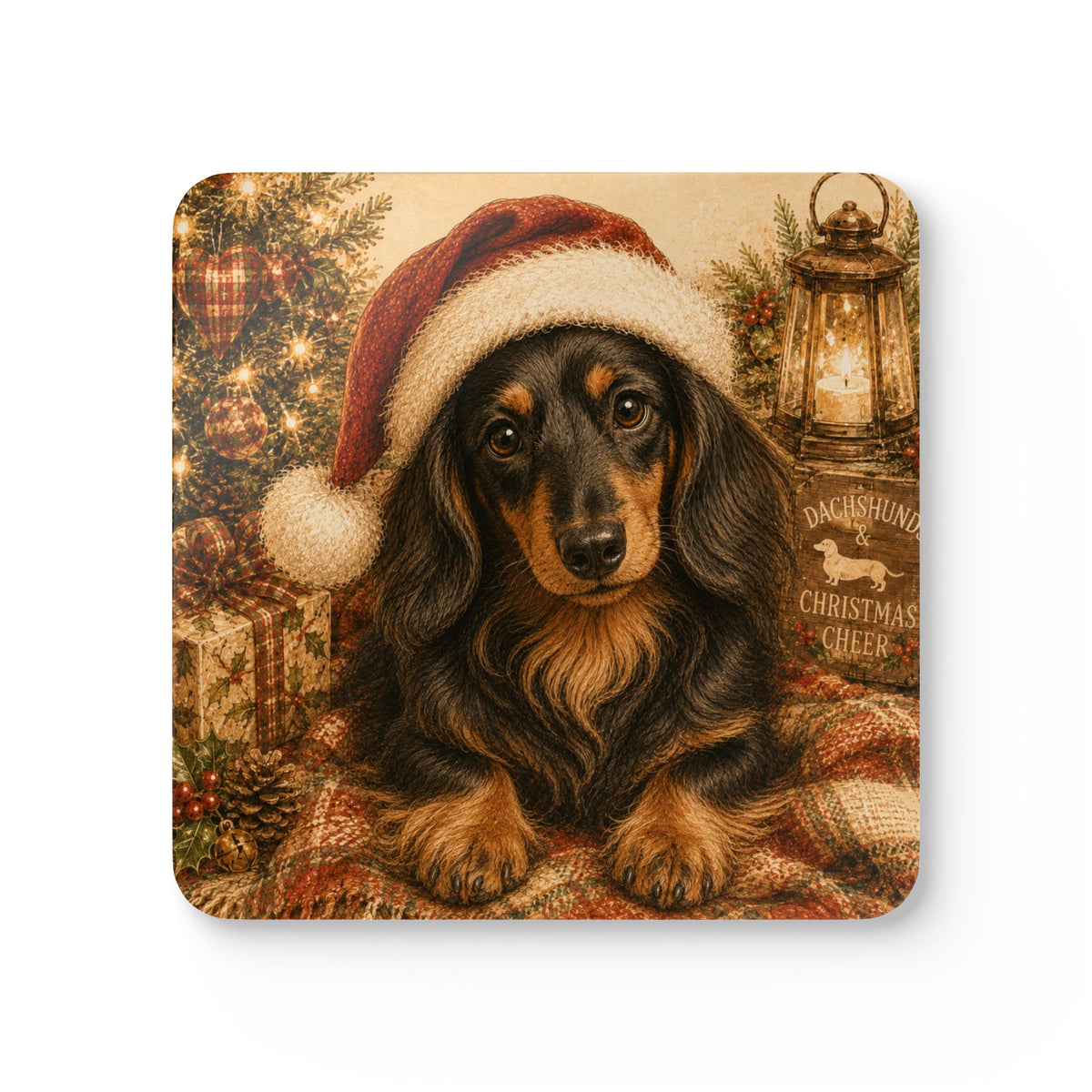 Long Hair Dachshund With Santa Hat Corkwood Coaster Set