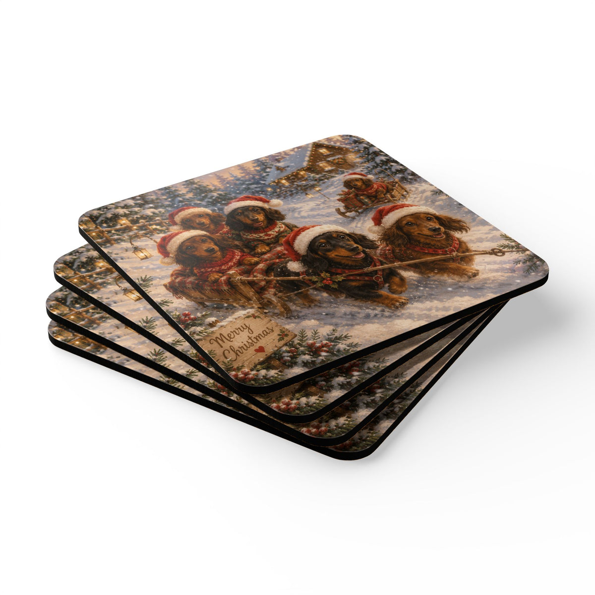 Dachshund Sleigh Ride Corkwood Coaster Set