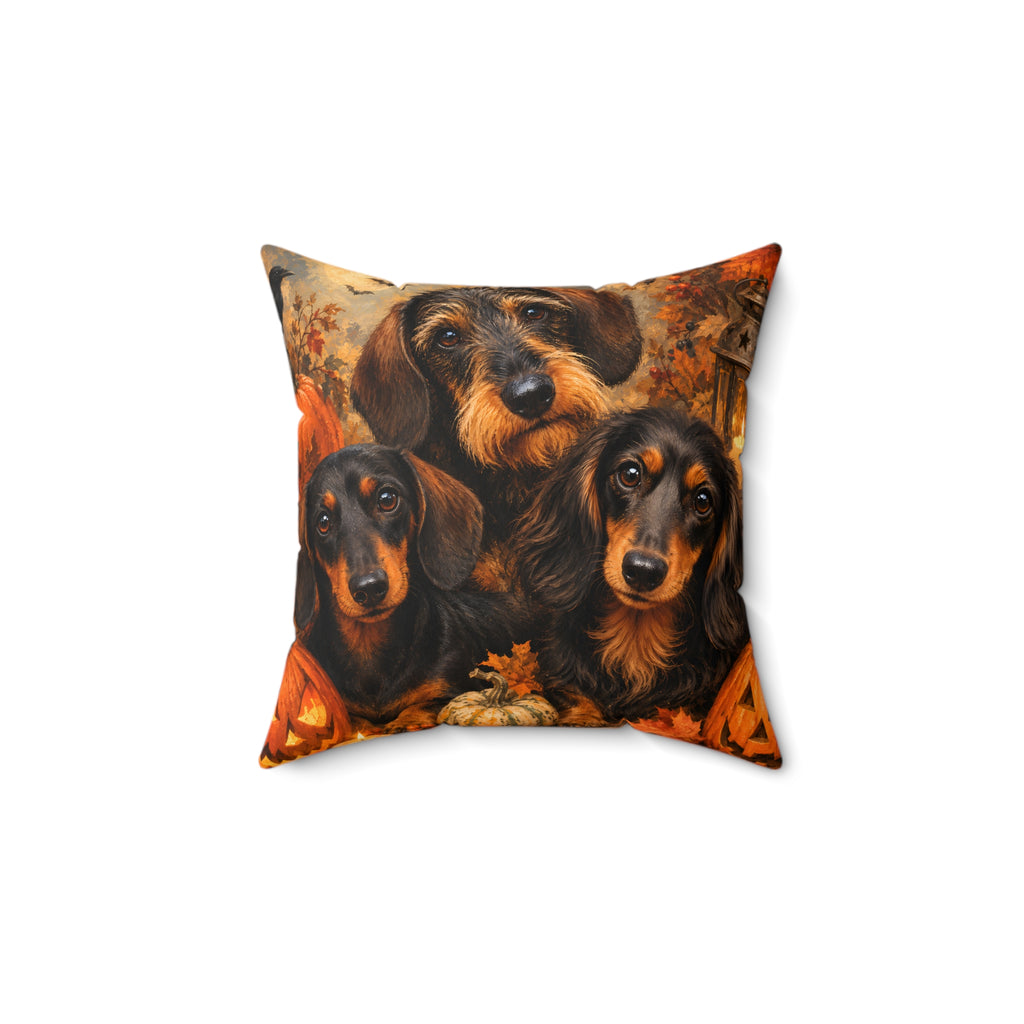 Spooky Dachshund Halloween Hangout Trio Spun Polyester Square Decorative Pillow