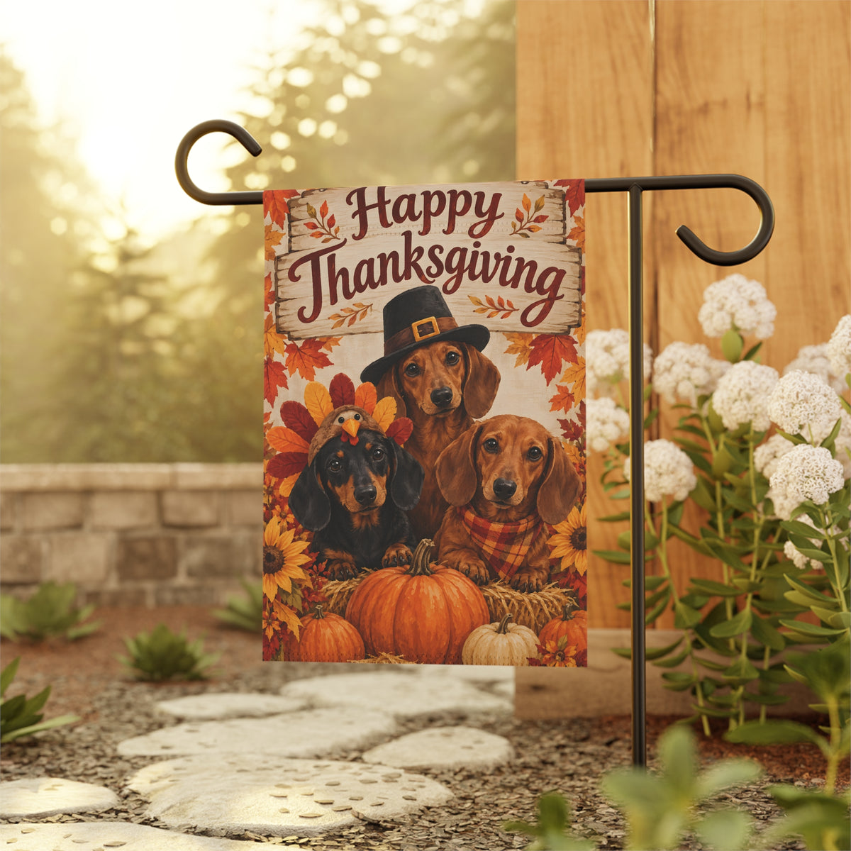 Happy Thanksgiving Dachshunds With Pumpkins Garden Flag