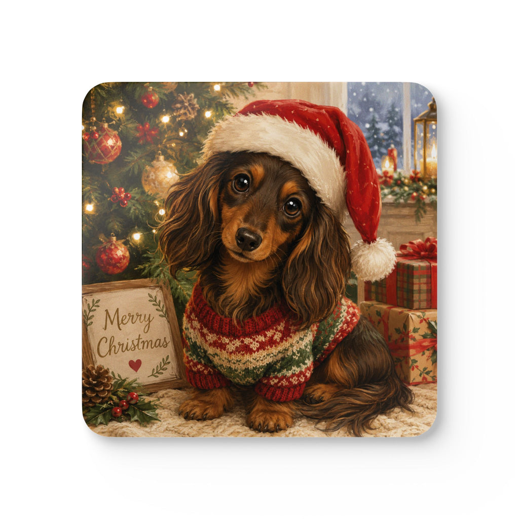 Merry Christmas Long Hair Dachshund Corkwood Coaster Set