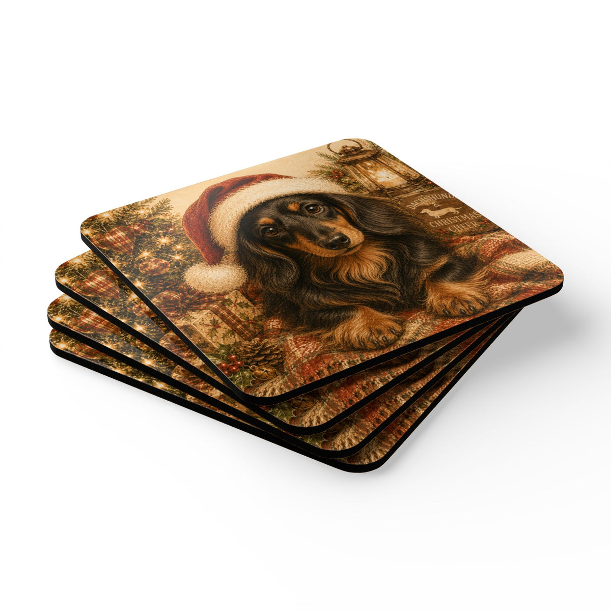 Long Hair Dachshund With Santa Hat Corkwood Coaster Set