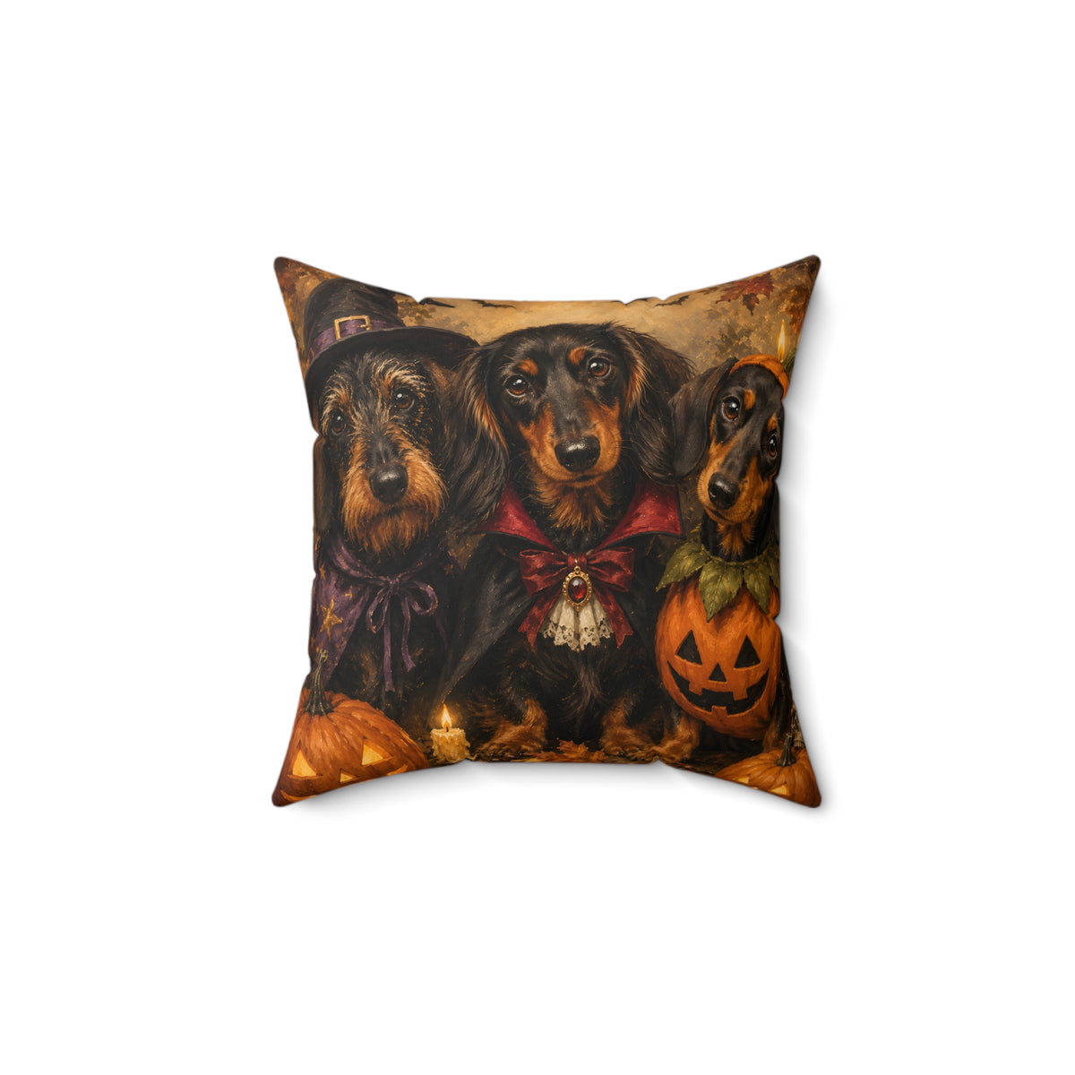 Spooky Dachshund Trio Costume Hangout Spun Polyester Square Decorative Pillow