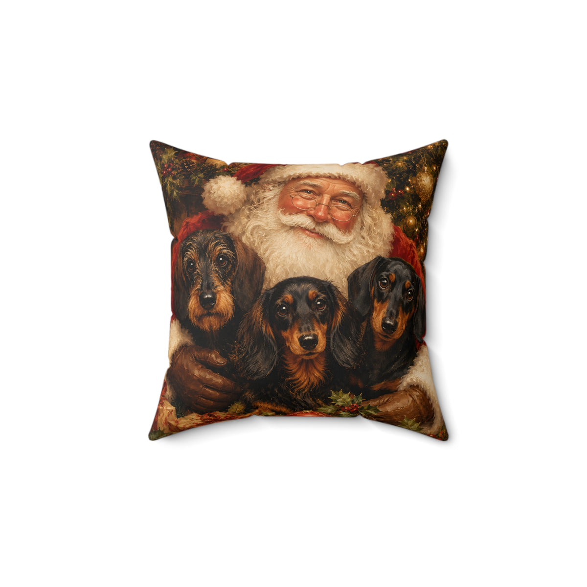 Santa Claus With Dachshund Trio Spun Polyester Square Decorative Pillow