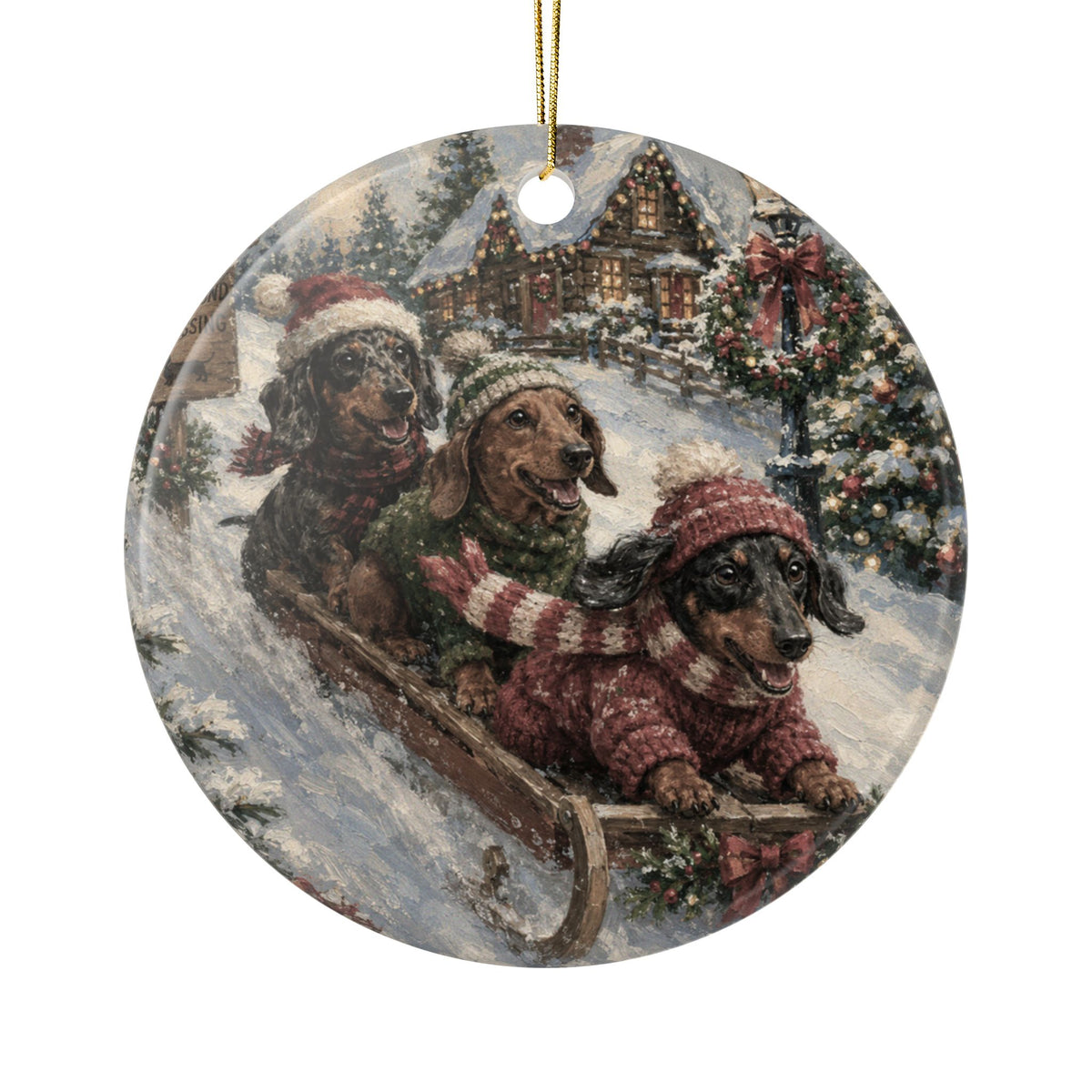 Dachshunds Sledding Step 2 Sided Ceramic Ornament