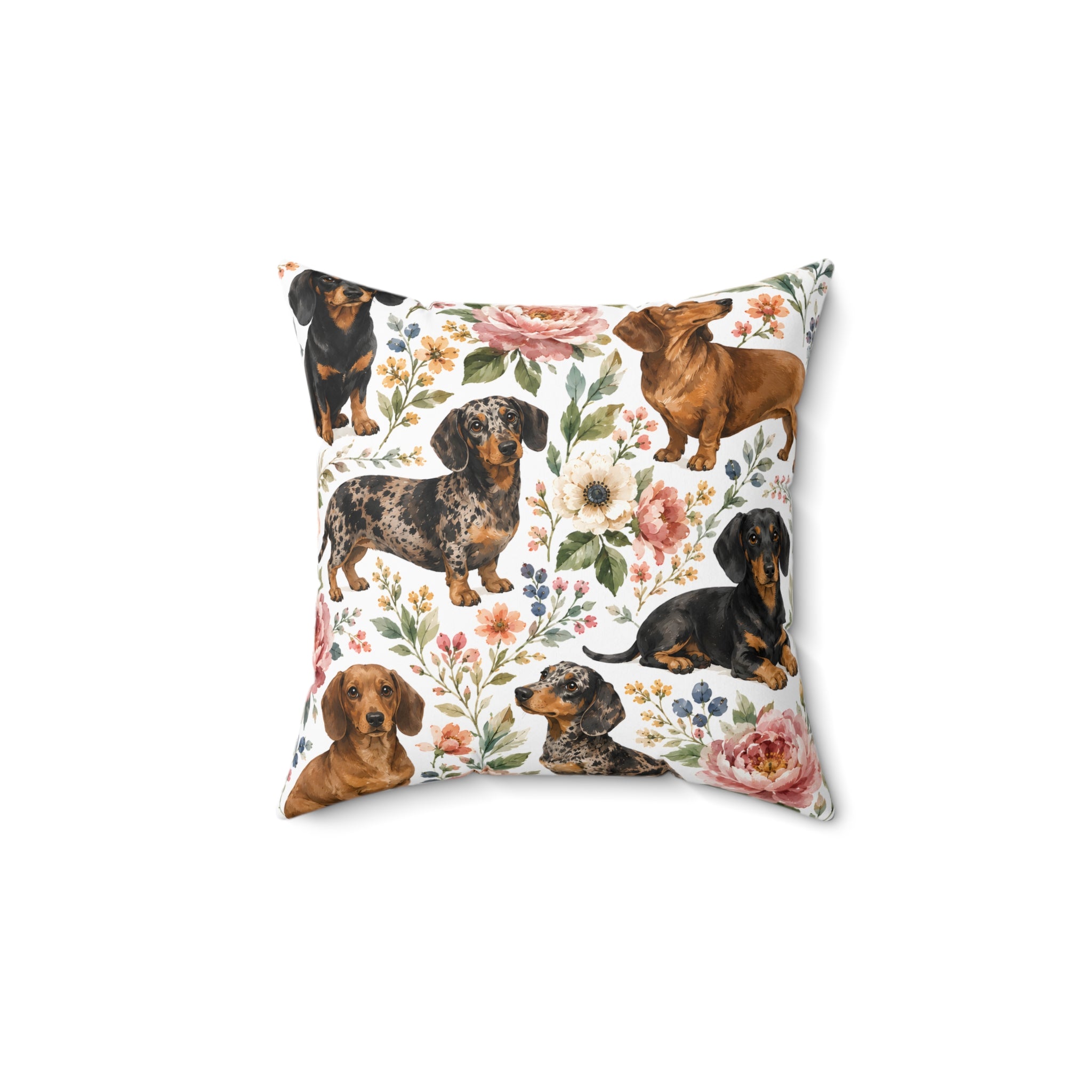 Floral Dachshunds Spun Polyester Square Decorative Pillow