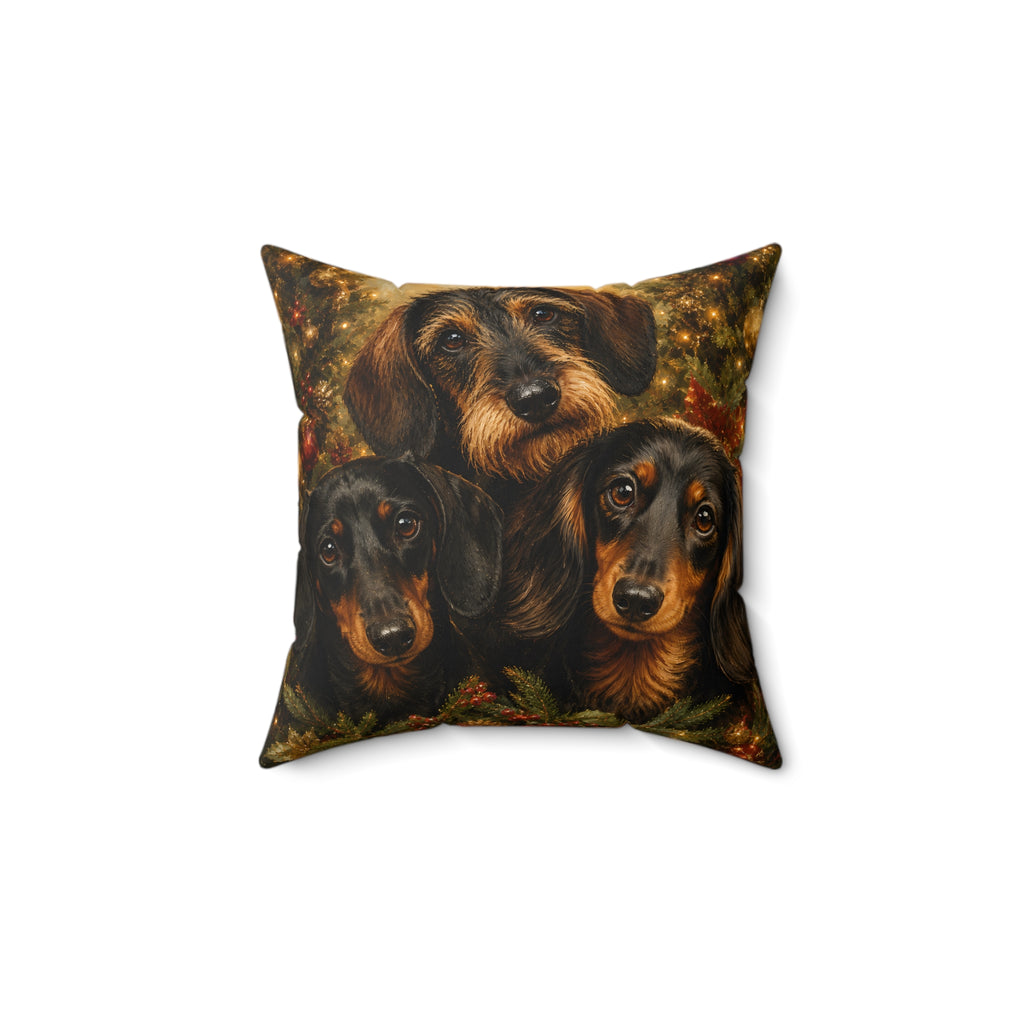 Festive Dachshund Trio With Christmas Trees Spun Polyester Square Decorative Pillow