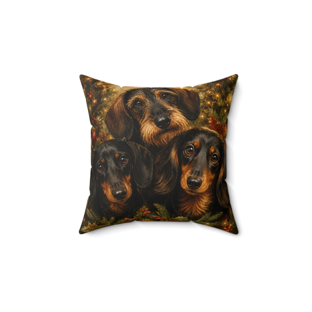Festive Dachshund Trio With Christmas Trees Spun Polyester Square Decorative Pillow