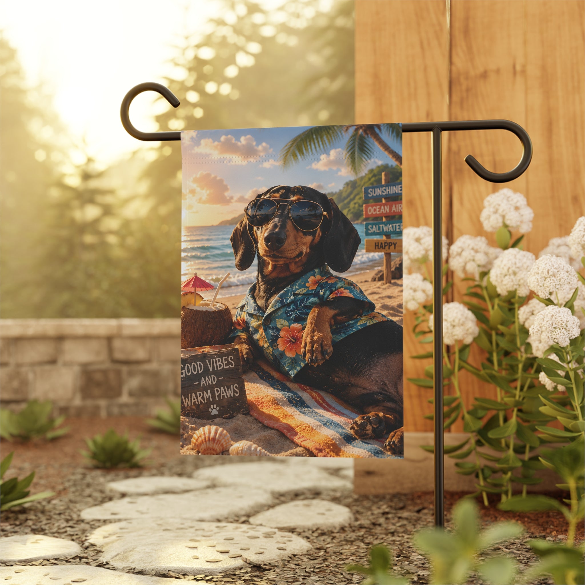 Doxie Beach Days Garden Flag