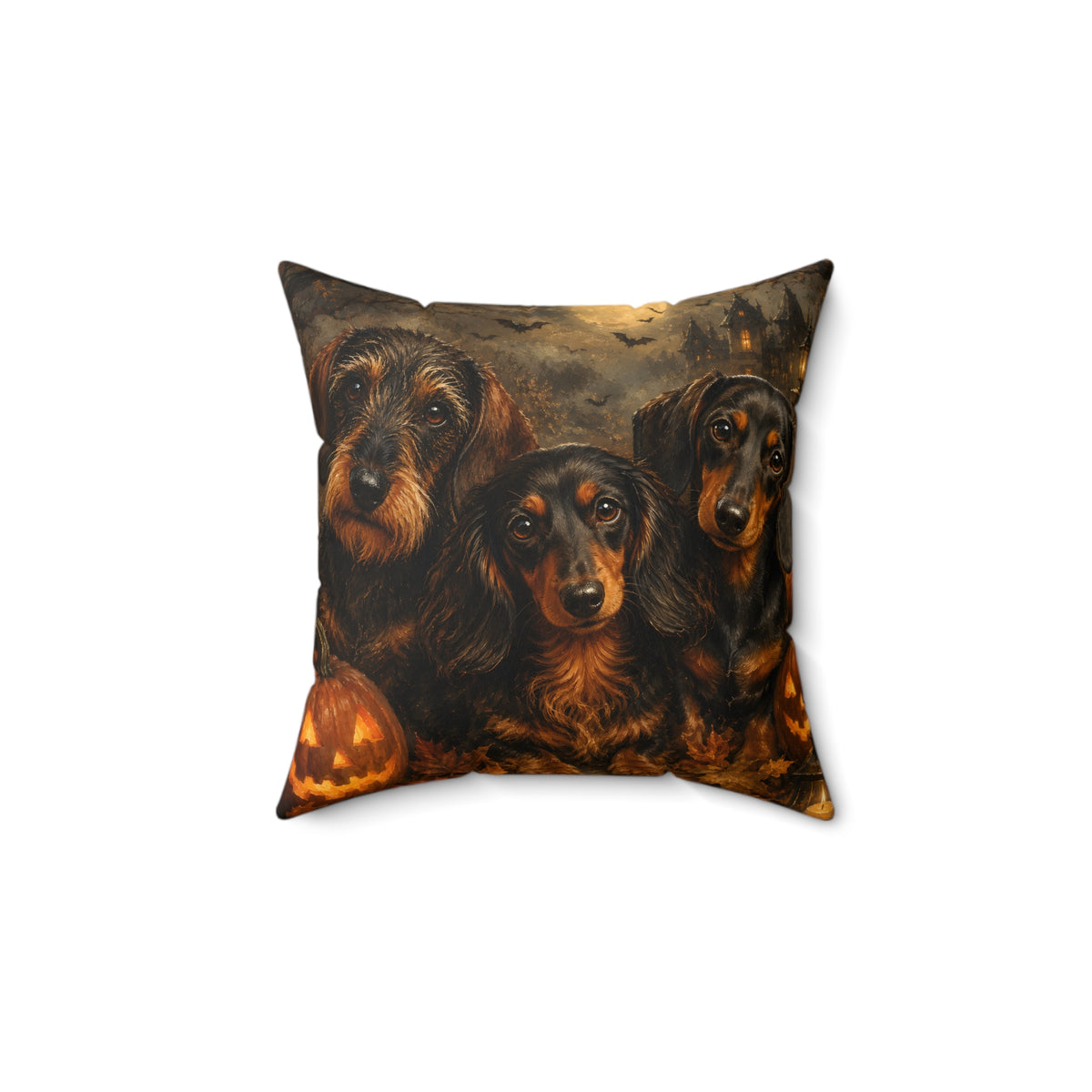 Spooky Dachshund Trio Halloween Night Spun Polyester Square Decorative Pillow