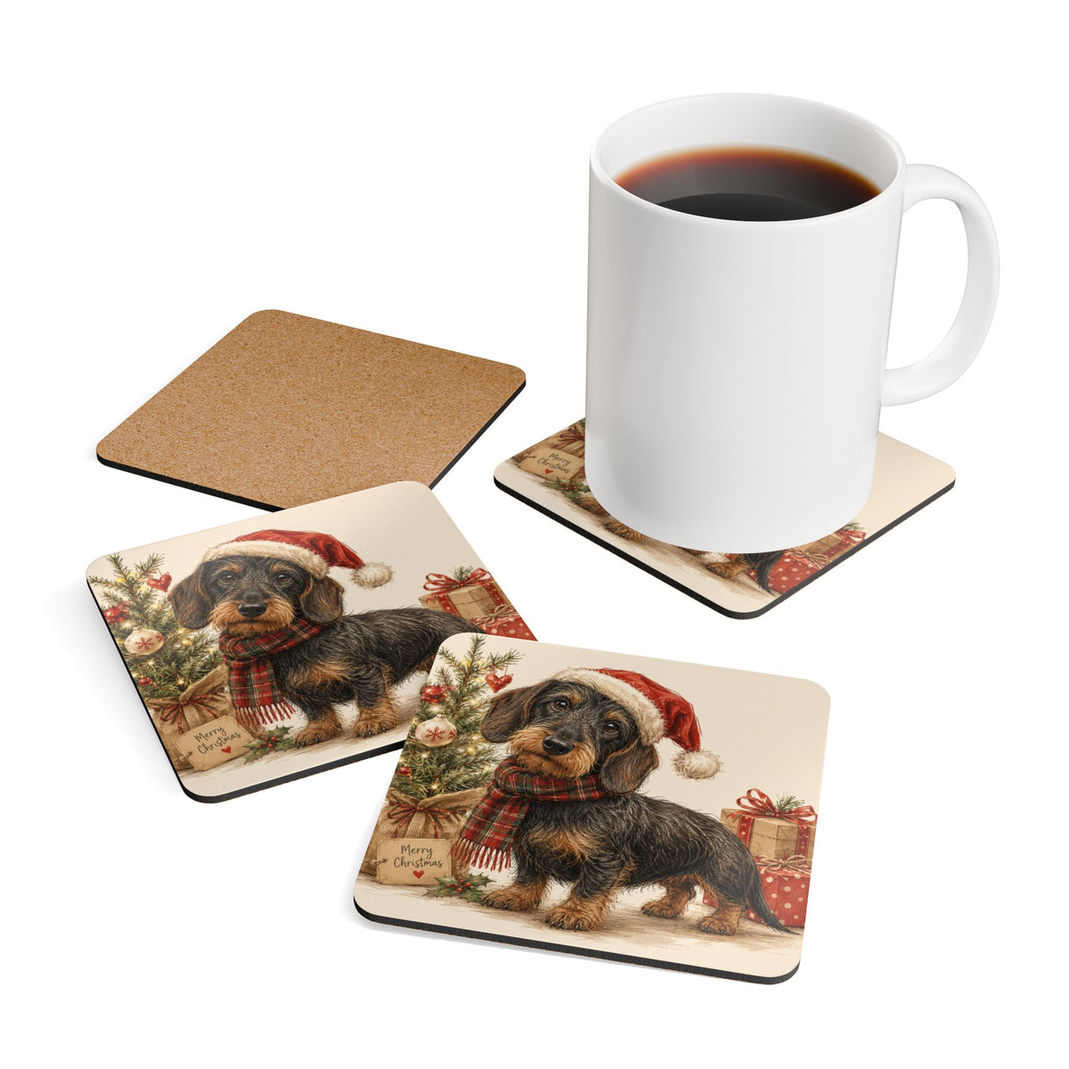 Wire Hair Dachshund With Presents Corkwood Coaster Set