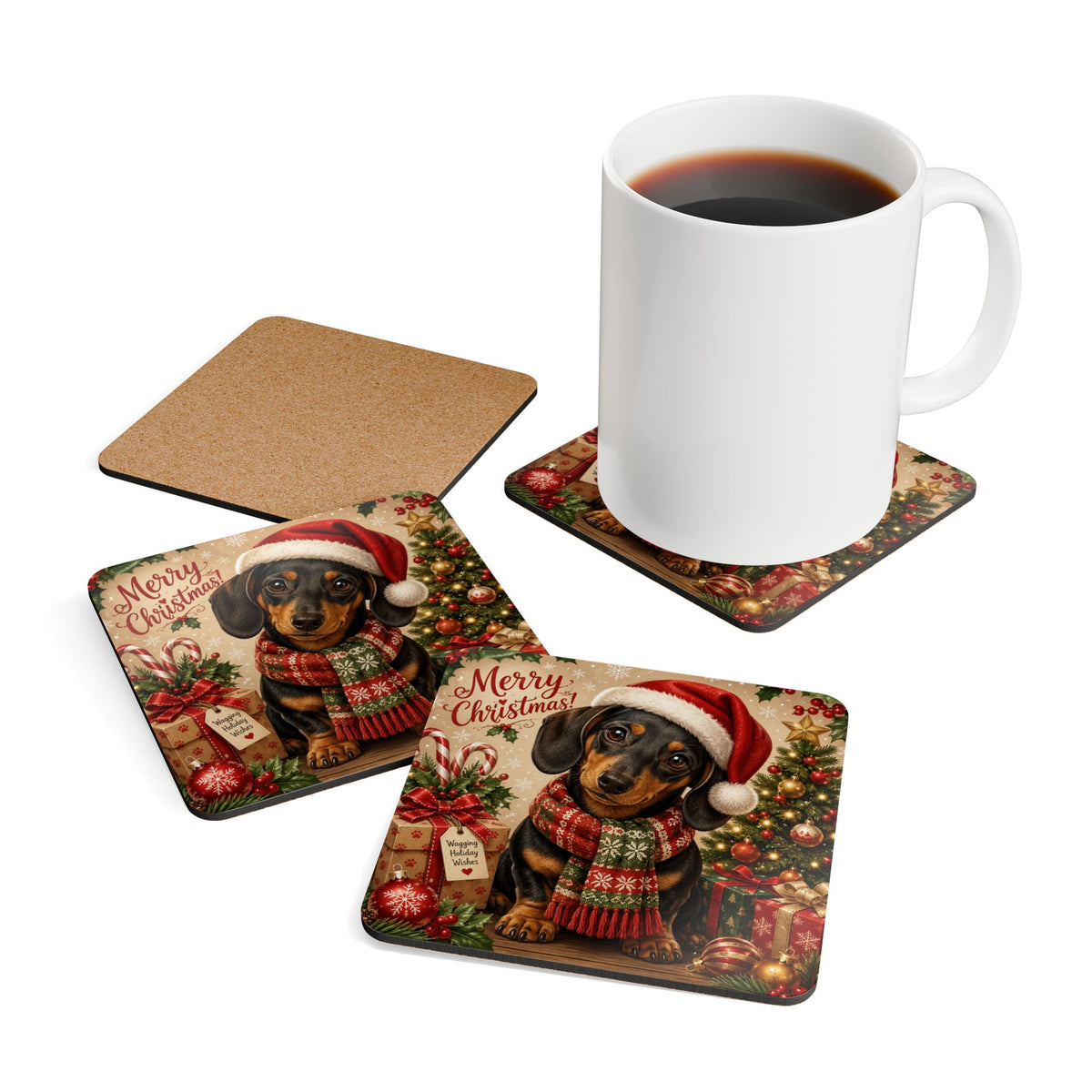 Merry Christmas Short Hair Dachshund Corkwood Coaster Set