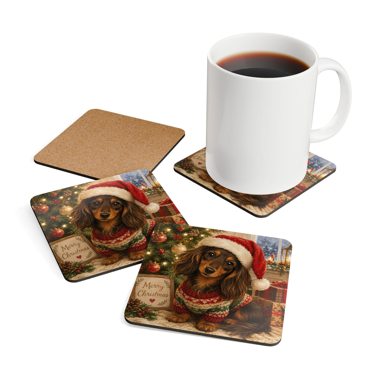 Merry Christmas Long Hair Dachshund Corkwood Coaster Set