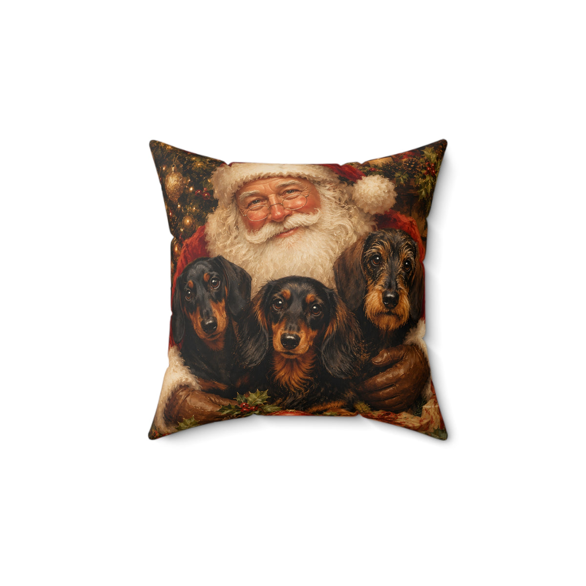 Santa Claus With Dachshund Trio Spun Polyester Square Decorative Pillow