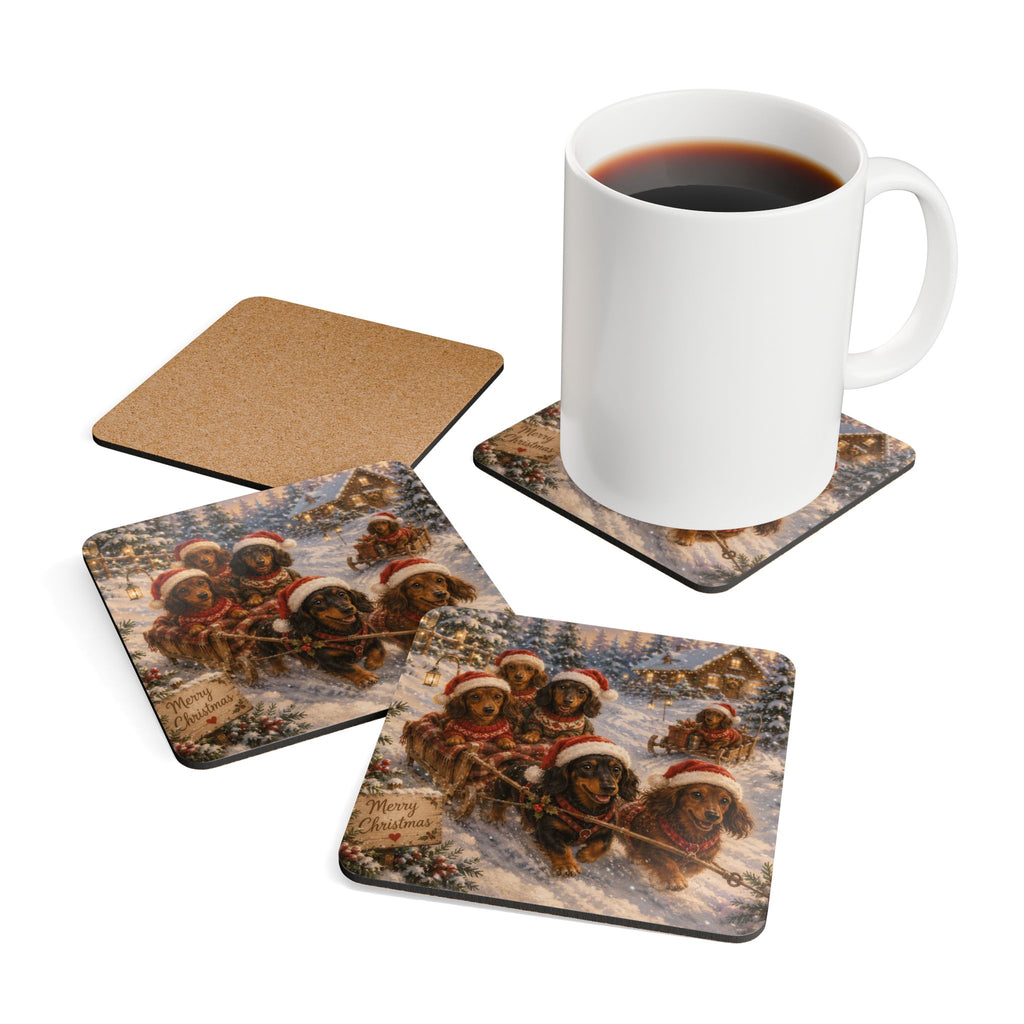 Dachshund Sleigh Ride Corkwood Coaster Set