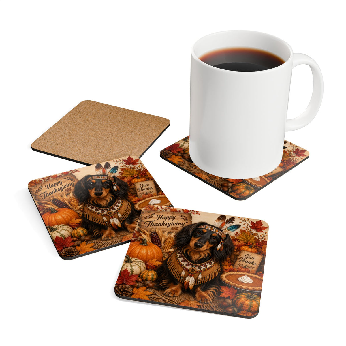 Long Hair Dachshund Indian Corkwood Coaster Set