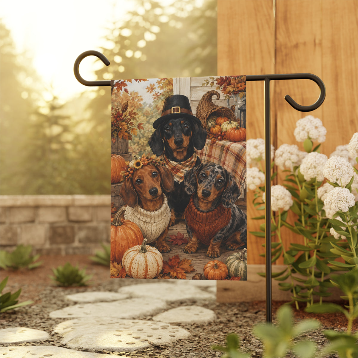Dachshunds Outside For Thanksgiving Garden Flag