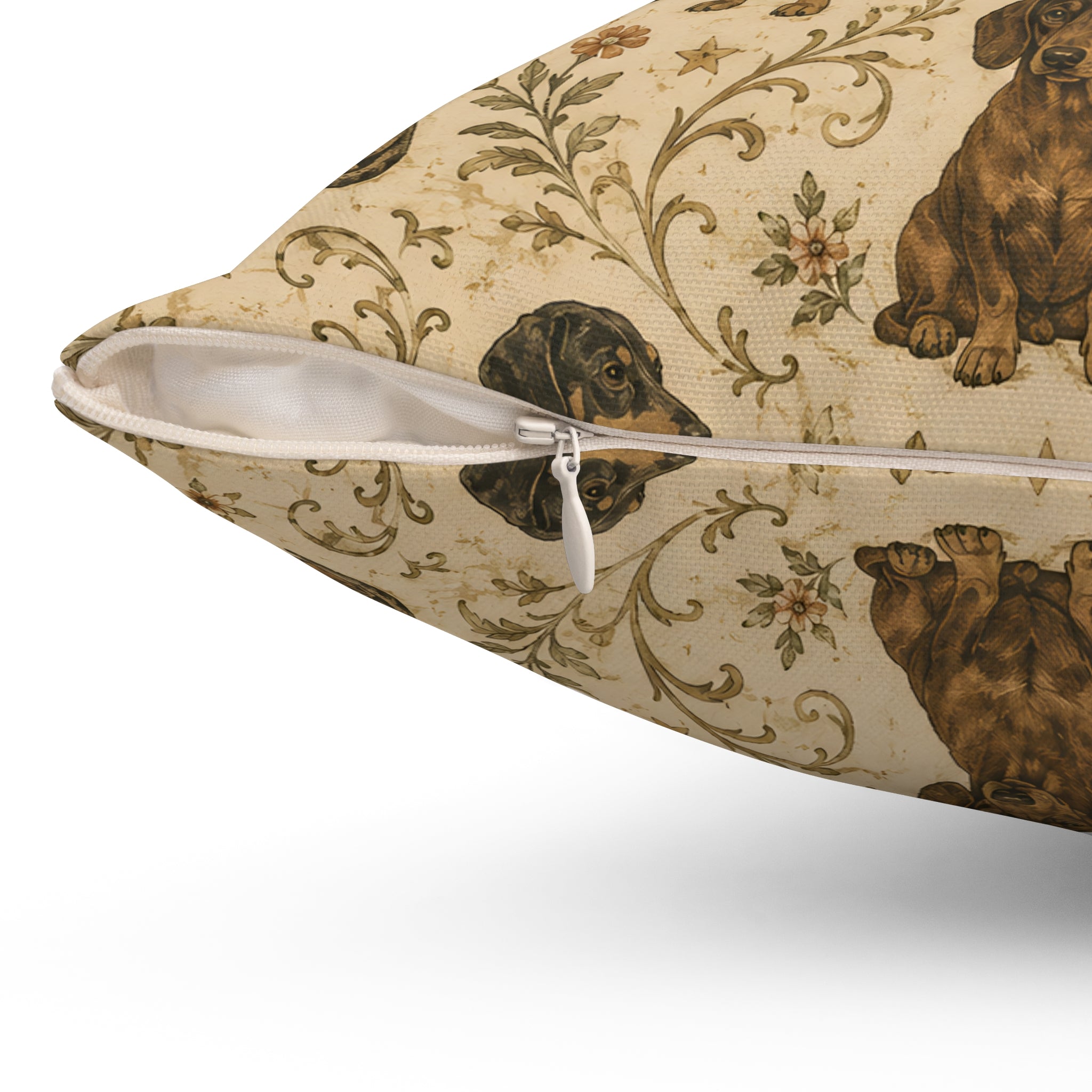 Heritage Floral Dachshunds Spun Polyester Square Decorative Pillow