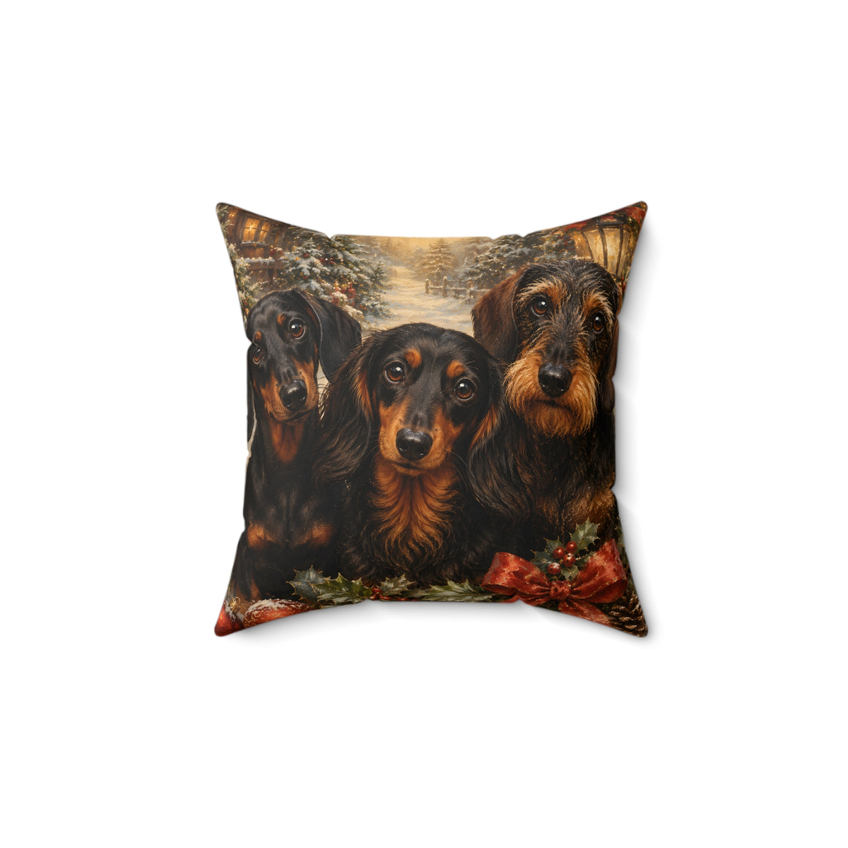 Festive Dachshund Trio Christmas Spirit Spun Polyester Square Decorative Pillow