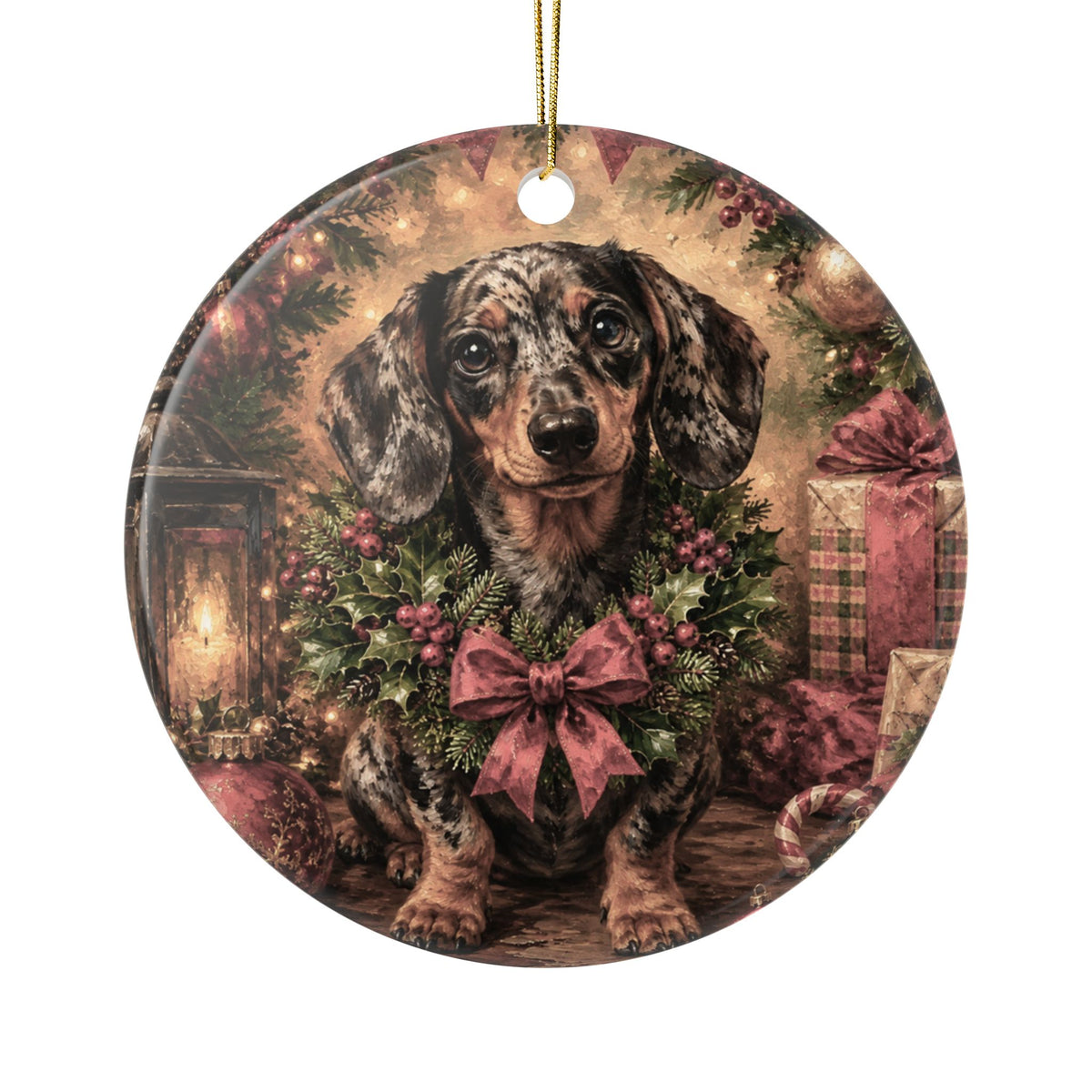 Dapple With Wreath Sided Ceramic Ornament
