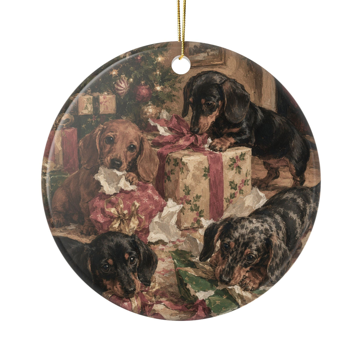 Dachshunds Opening Presents 2 Sided Ceramic Ornament