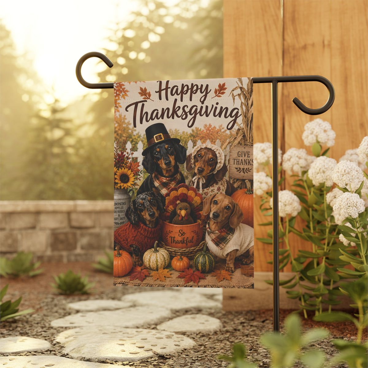 Happy Thanksgiving Dachshunds Outside With Decor Garden Flag