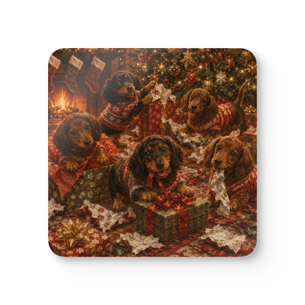 Opening Christmas Presents Corkwood Coaster Set