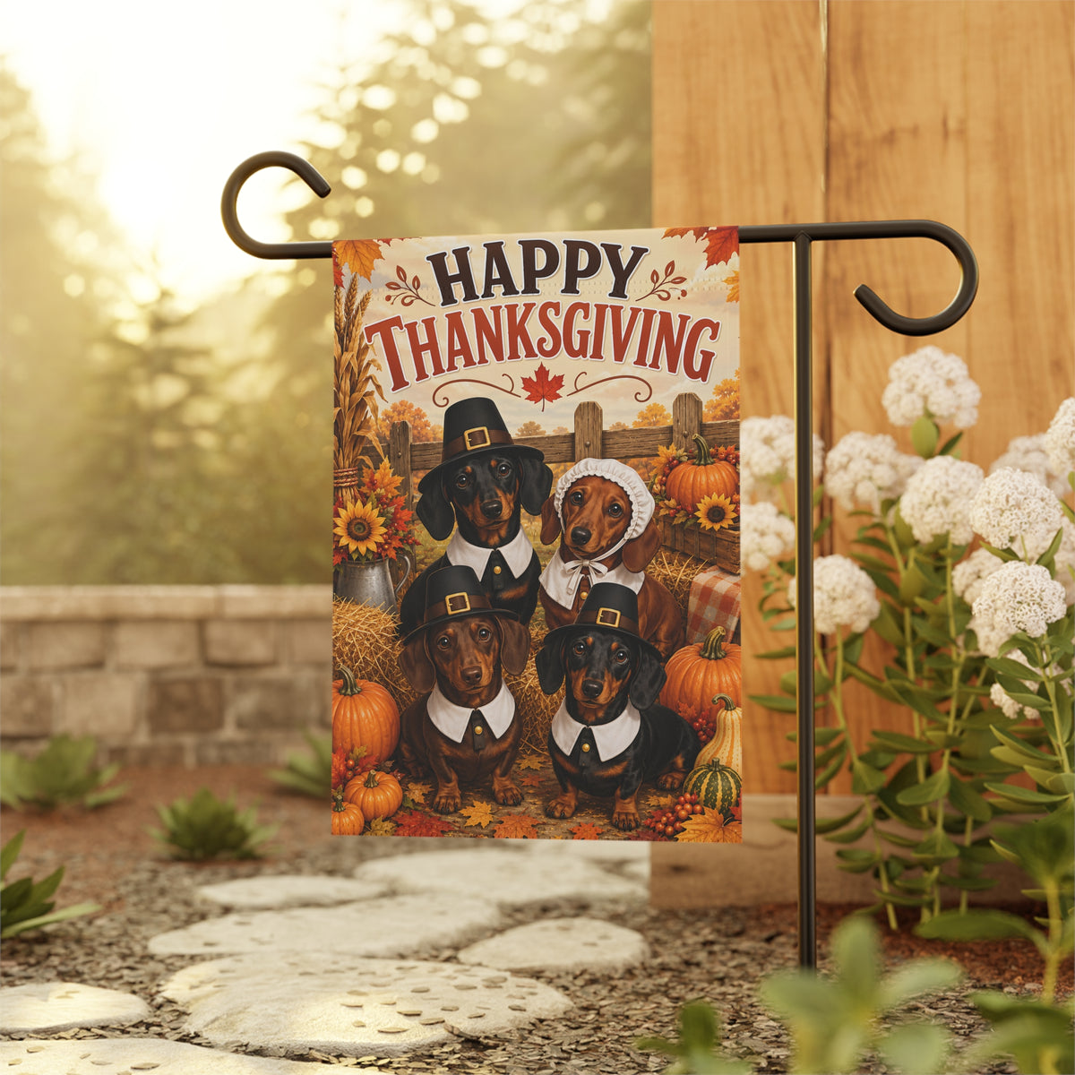 Happy Thanksgiving With Short Hair Dachshunds & Pumpkins Garden Flag