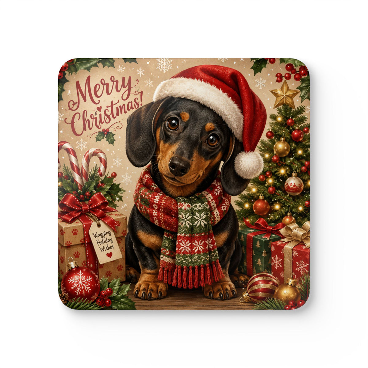 Merry Christmas Short Hair Dachshund Corkwood Coaster Set