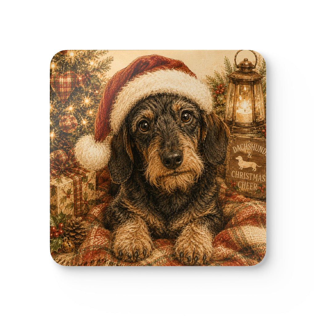 Wire Hair Dachshund With Santa Hat Corkwood Coaster Set