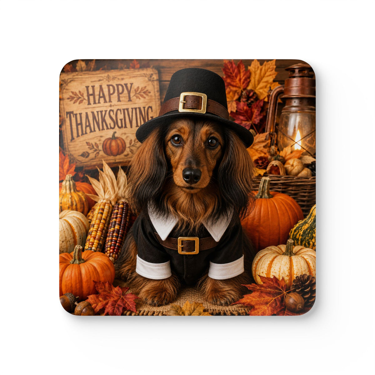 Long Hair Dachshund Pilgrim Corkwood Coaster Set