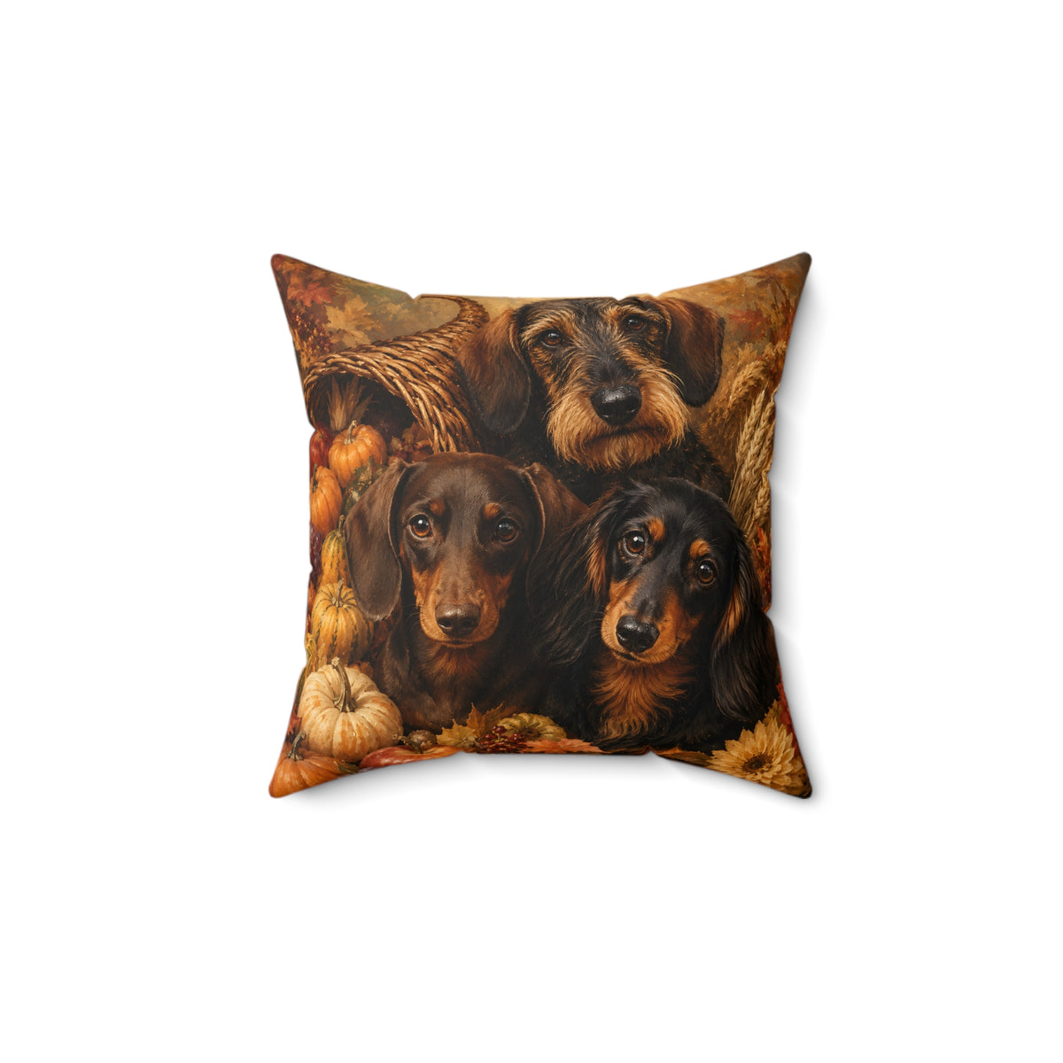 Dachshund Trio Cornucopia Spun Polyester Square Decorative Pillow