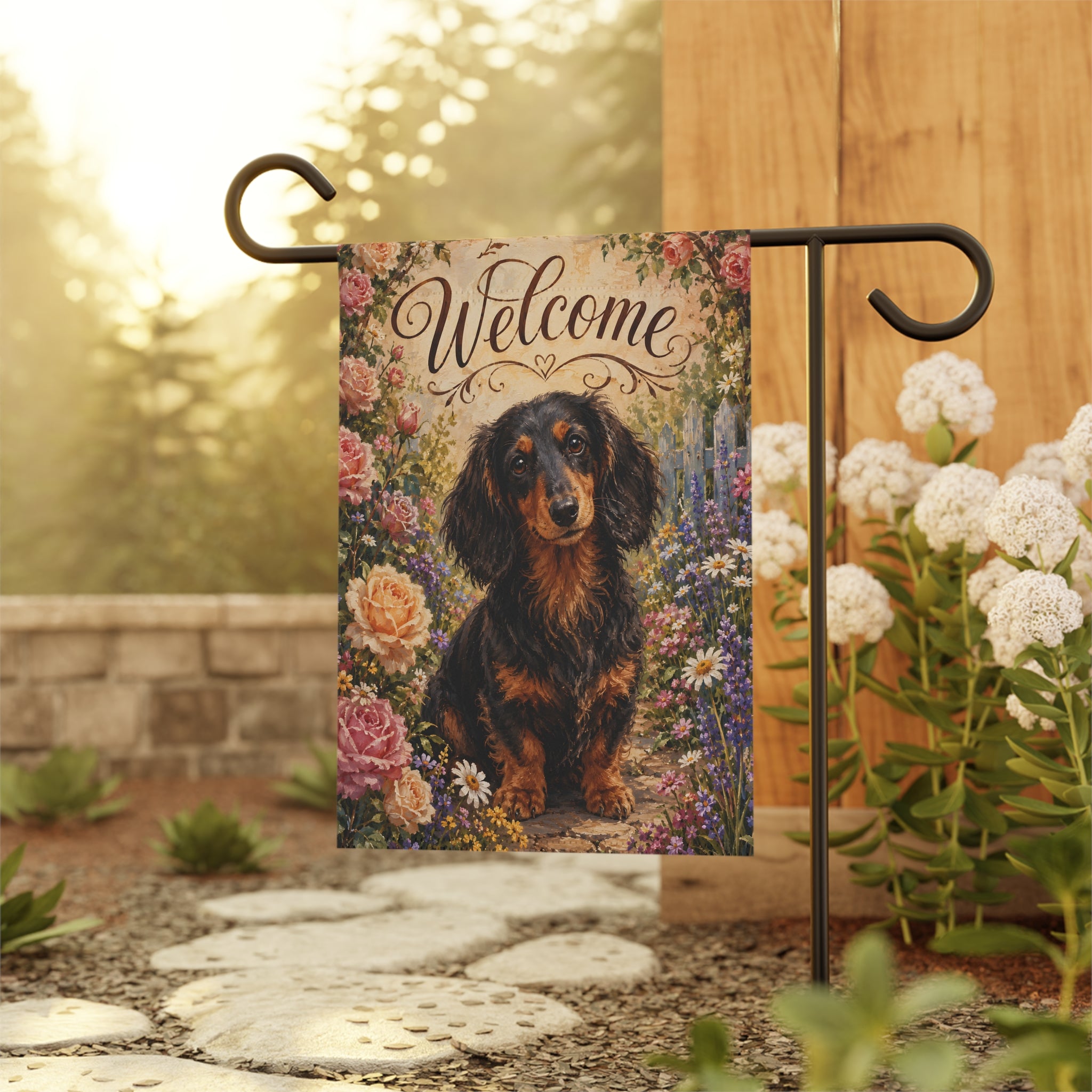 Welcome Long Hair Dachshund Garden Flag