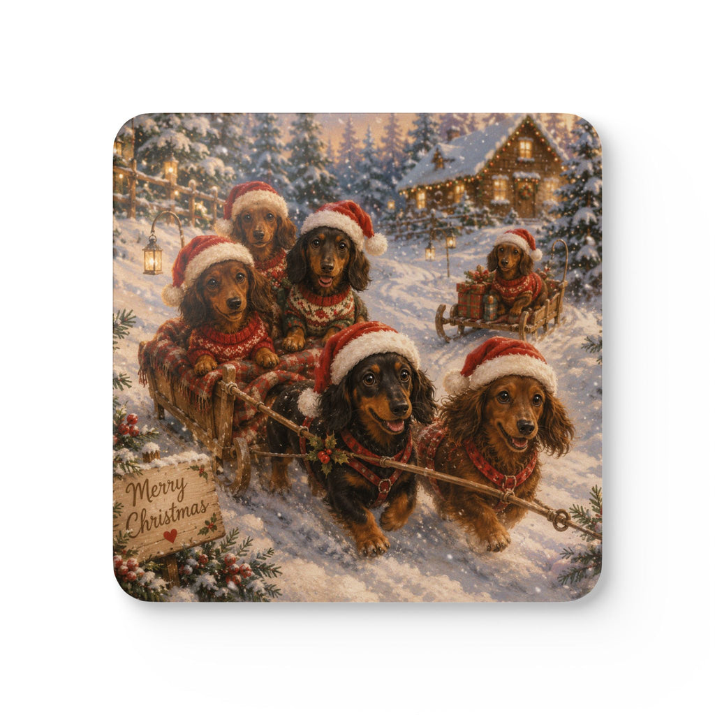 Dachshund Sleigh Ride Corkwood Coaster Set