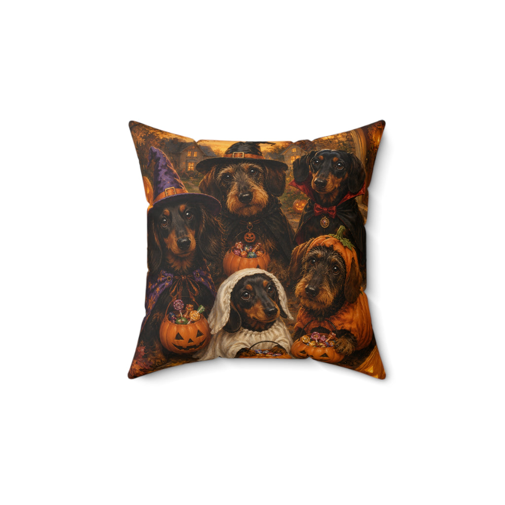 Trick Or Treating Dachshunds Spun Polyester Square Decorative Pillow