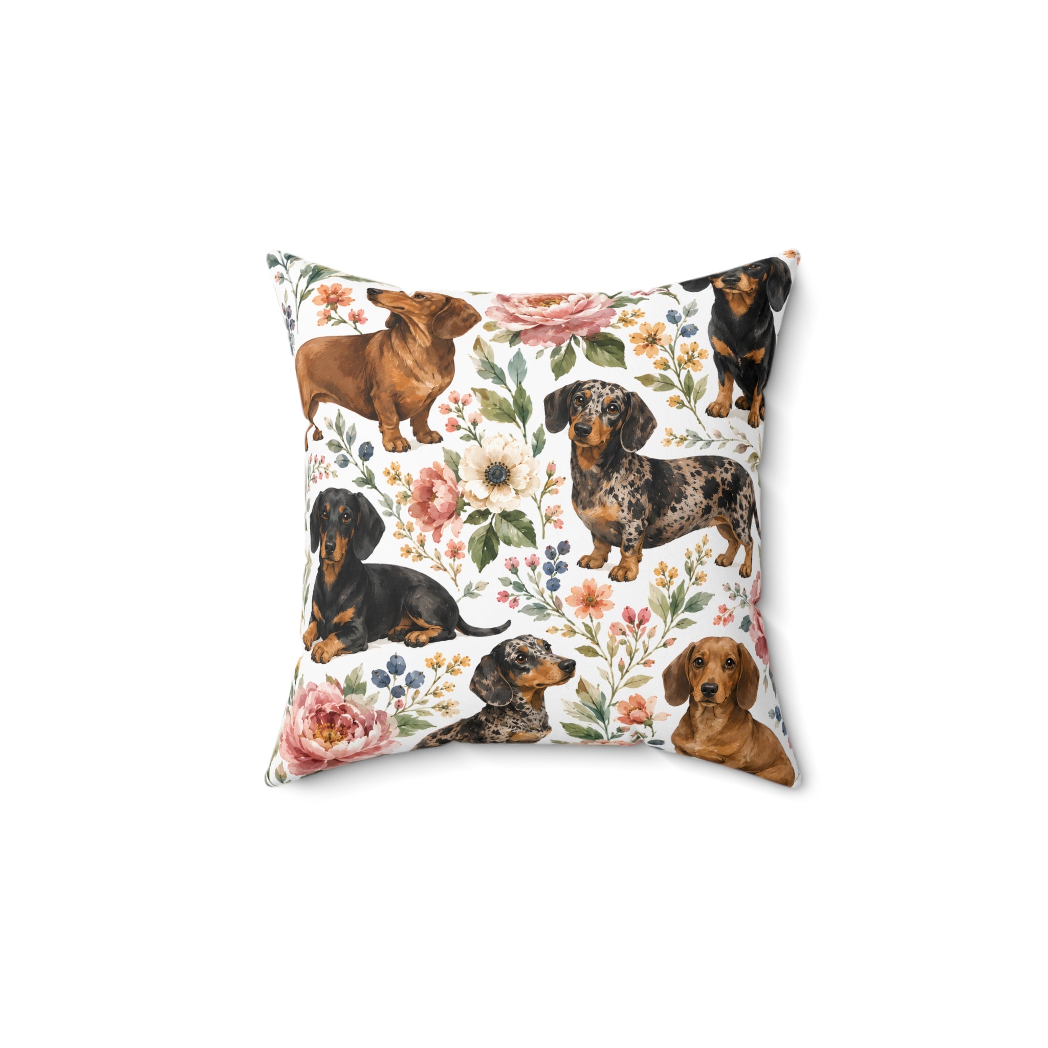 Floral Dachshunds Spun Polyester Square Decorative Pillow