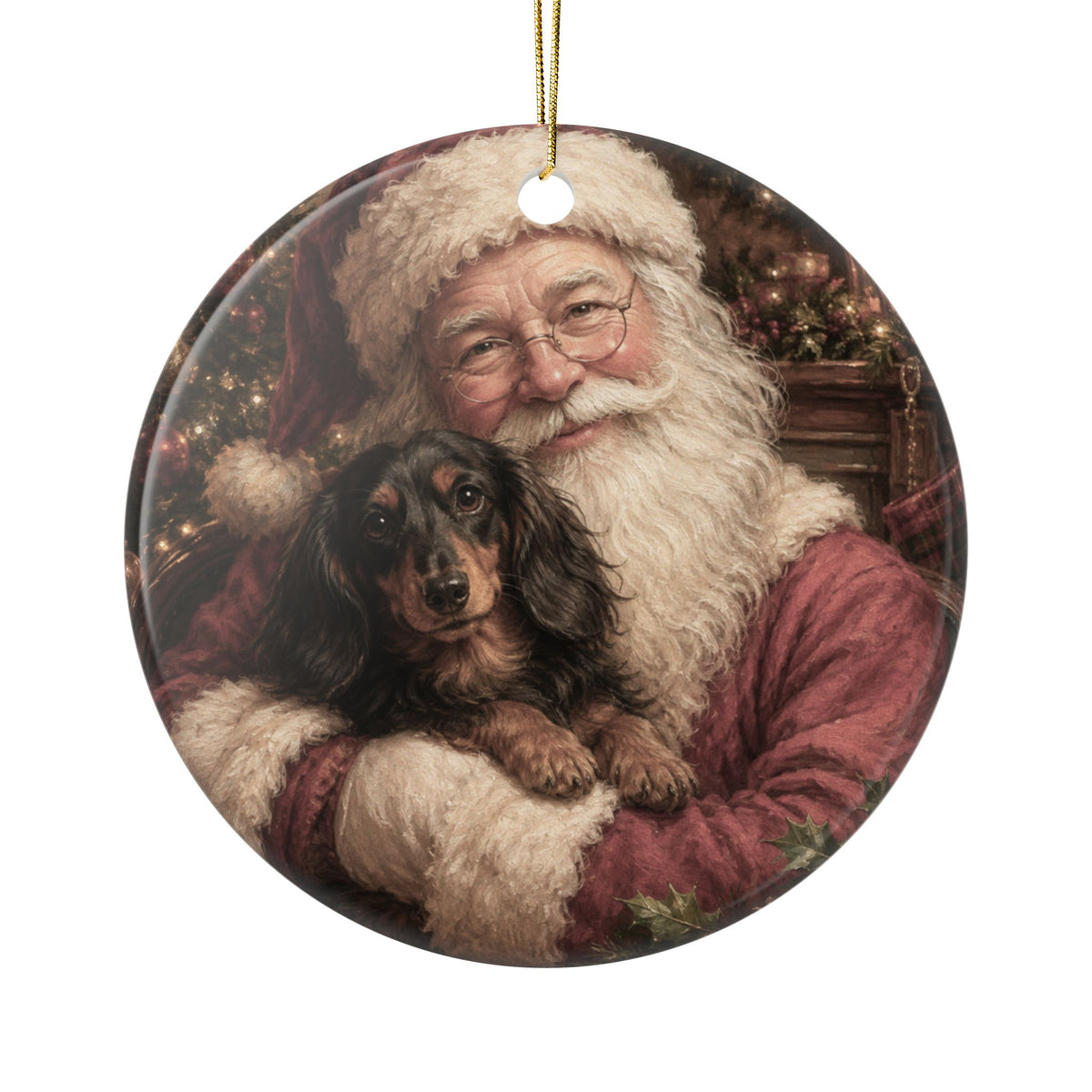 Santa Holding A Long Hair 2 Sided Ceramic Ornament