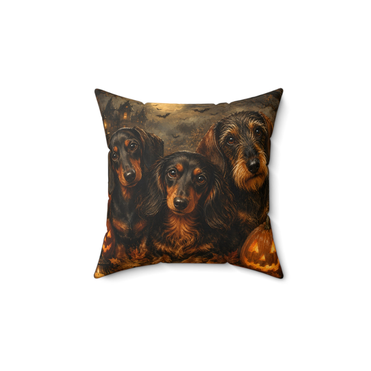 Spooky Dachshund Trio Halloween Night Spun Polyester Square Decorative Pillow