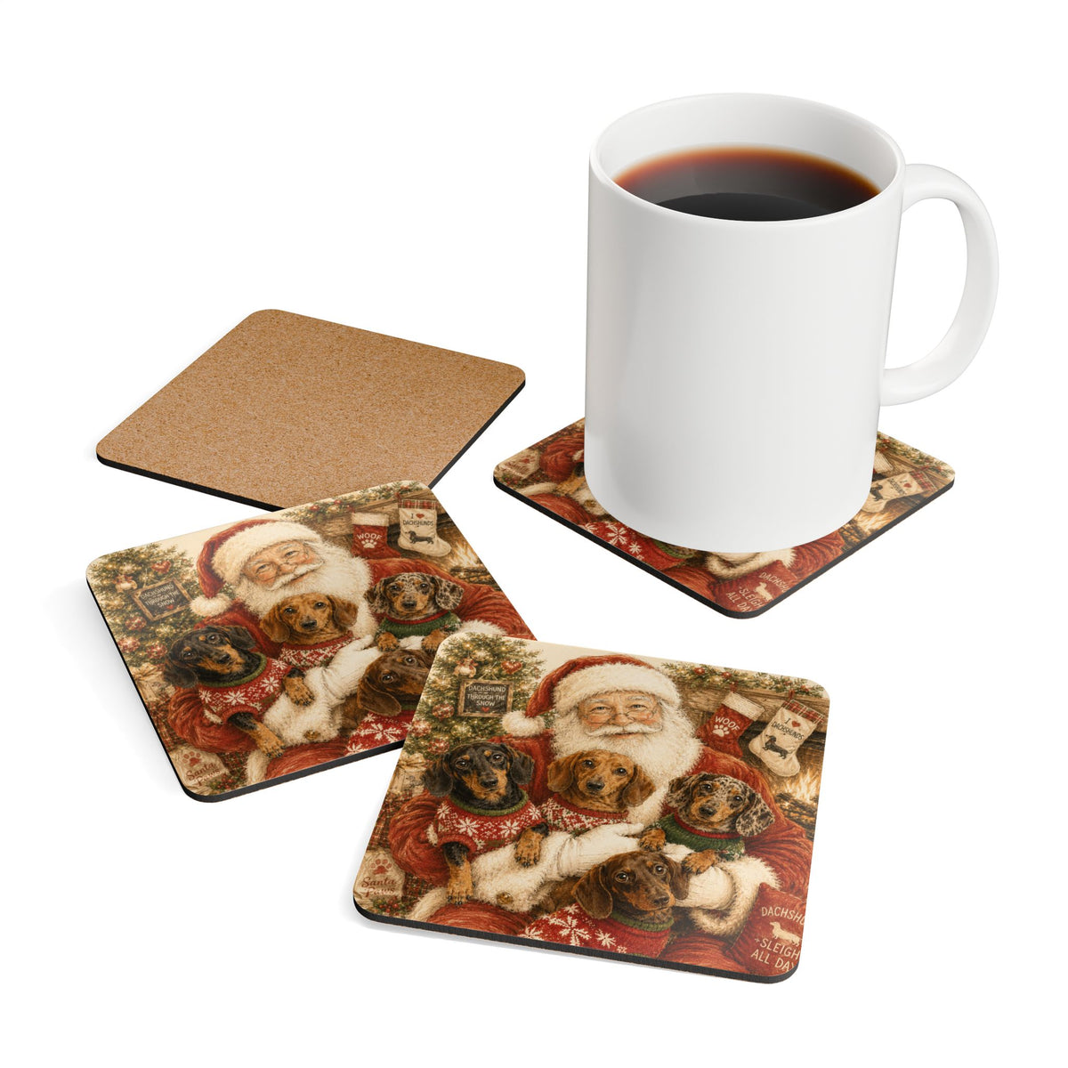 Santa Claus With Dachshunds Corkwood Coaster Set