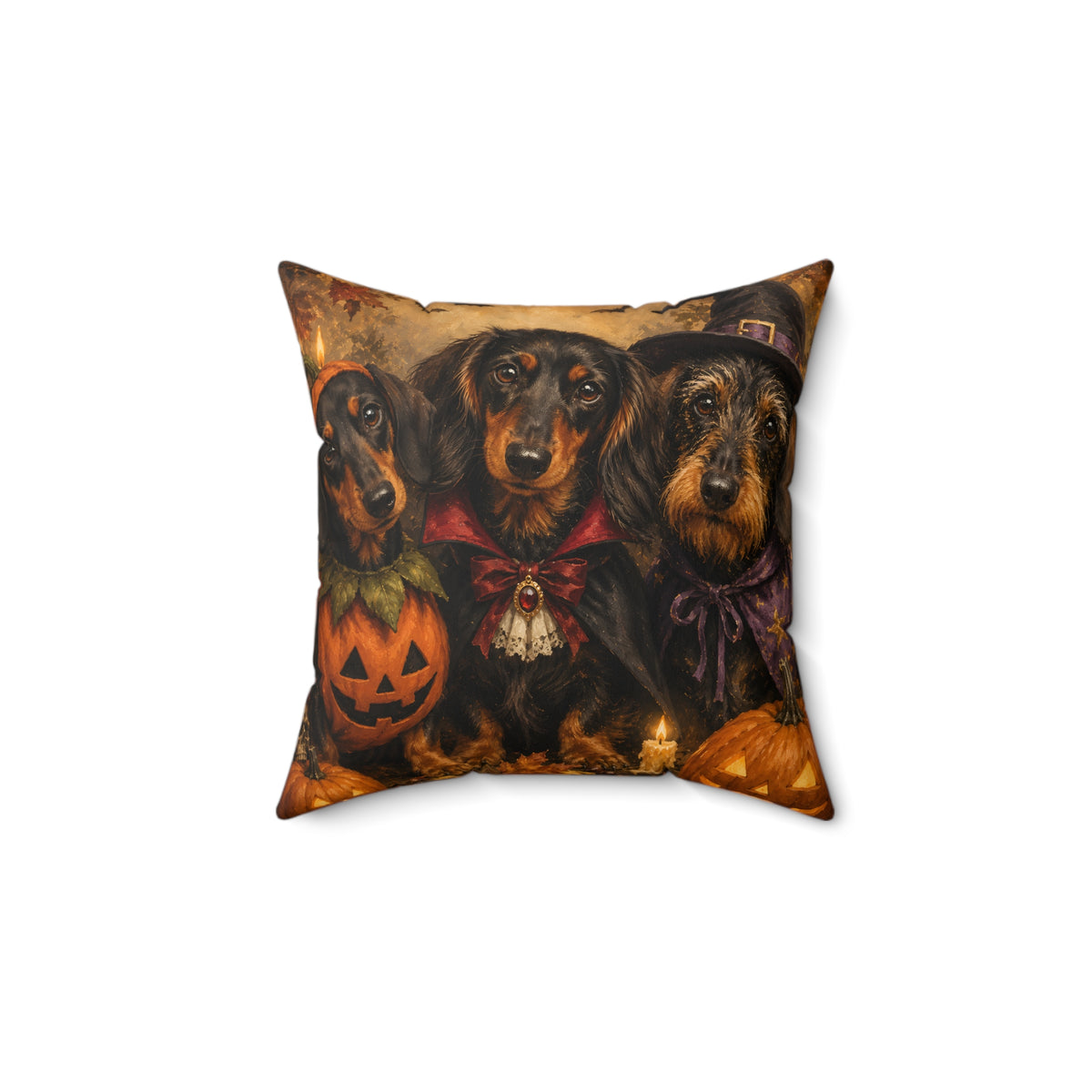 Spooky Dachshund Trio Costume Hangout Spun Polyester Square Decorative Pillow