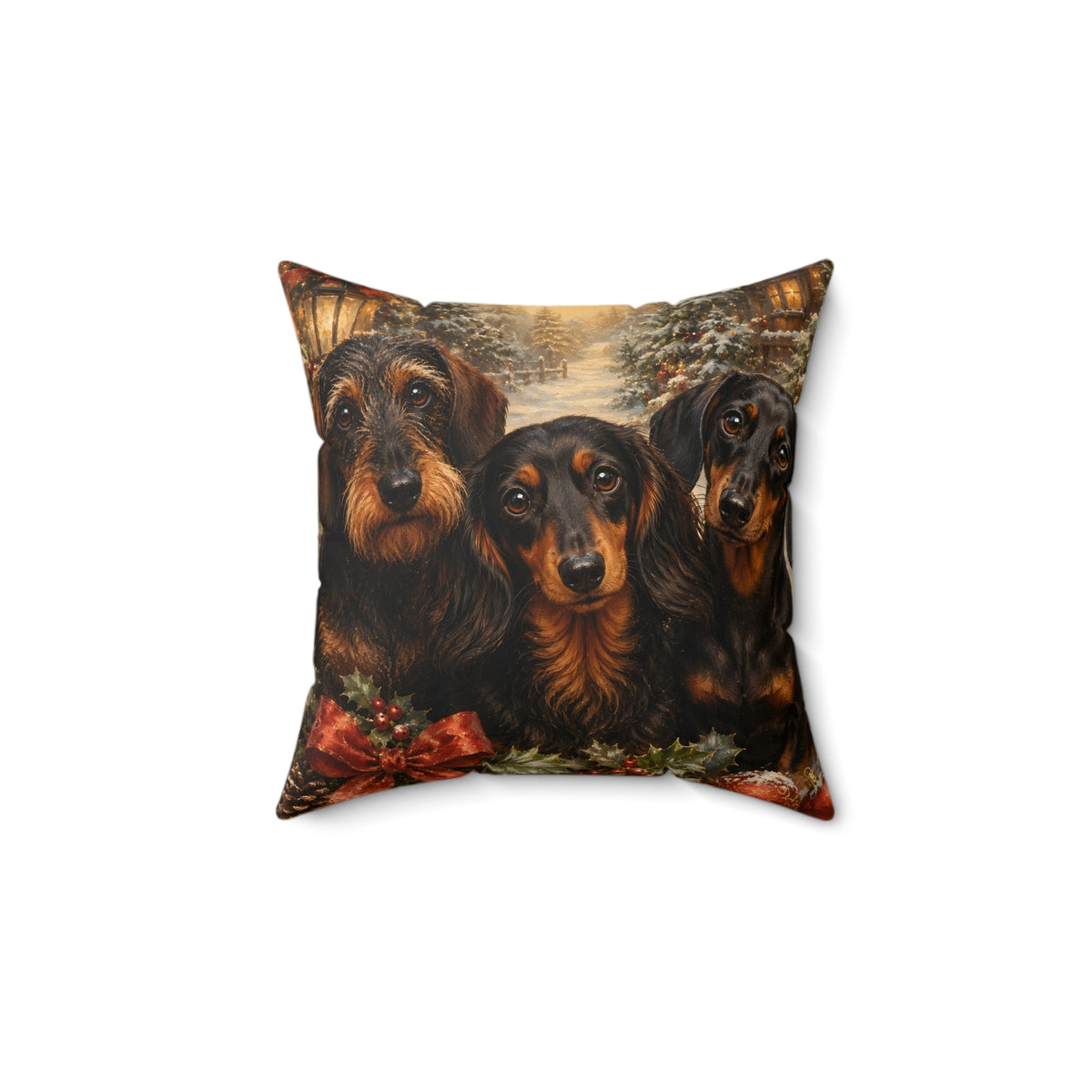Festive Dachshund Trio Christmas Spirit Spun Polyester Square Decorative Pillow
